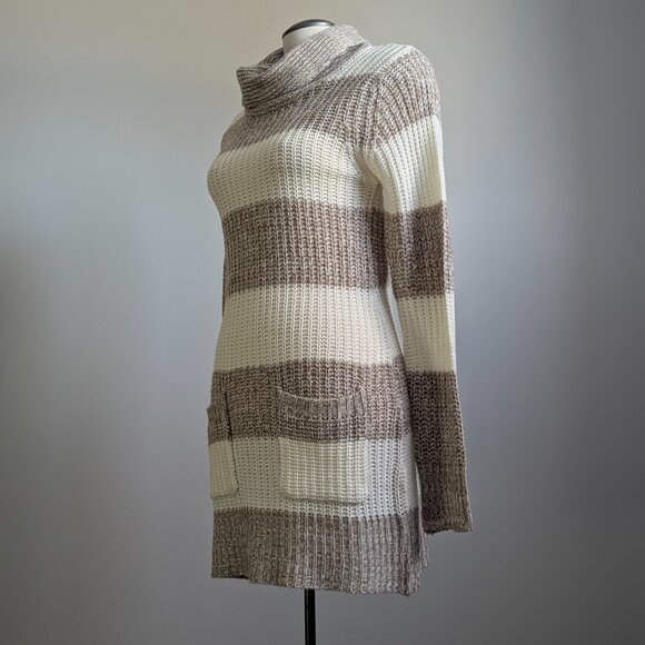 Lily Morgan Striped Turtleneck Sweater Knit Dress Pockets Taupe Cream LG - Picture 5 of 11